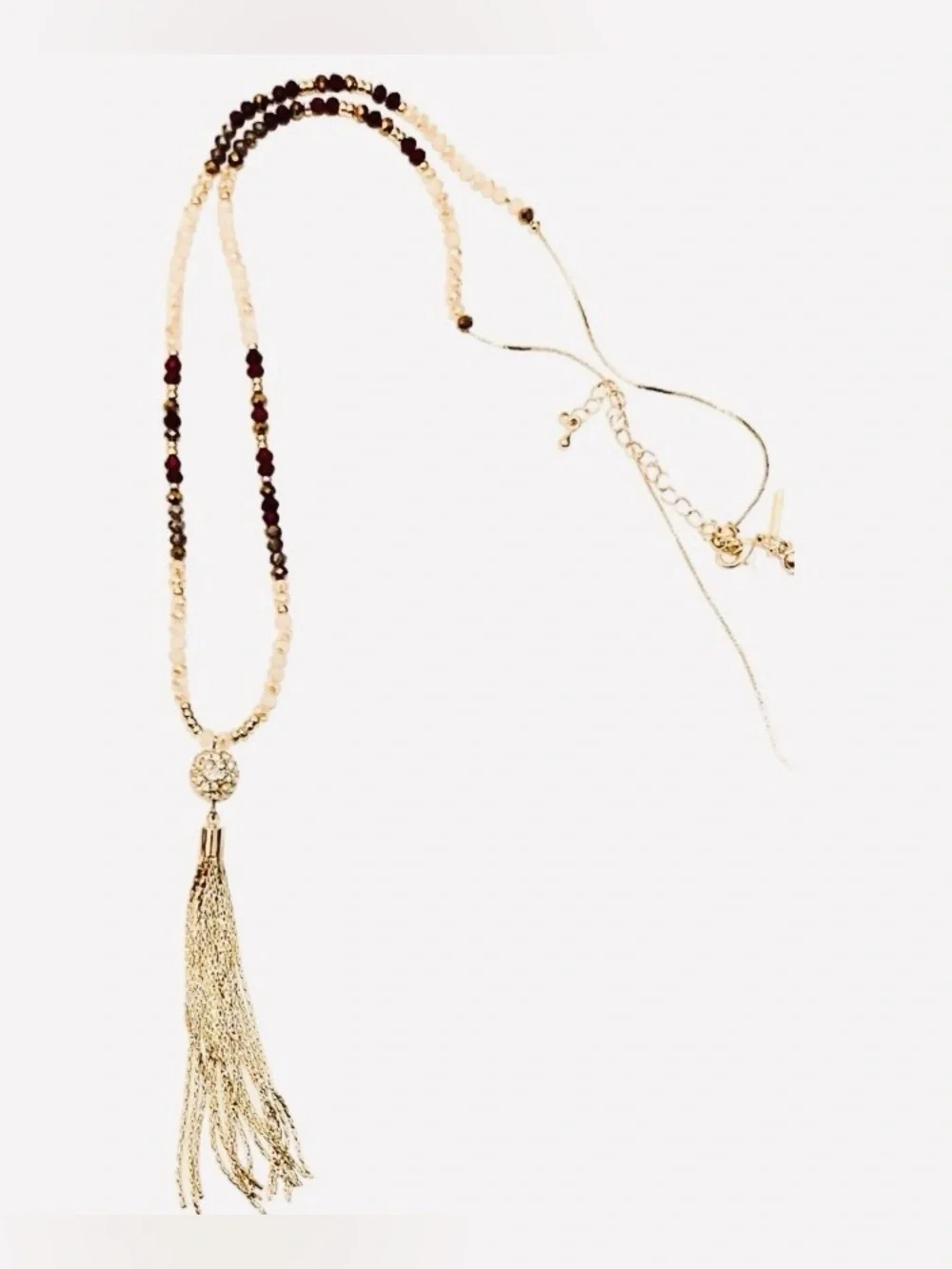 Loft Gold Tassel Beaded Long Necklace w/ Cream, Grey, Gold and Burgundy Beads